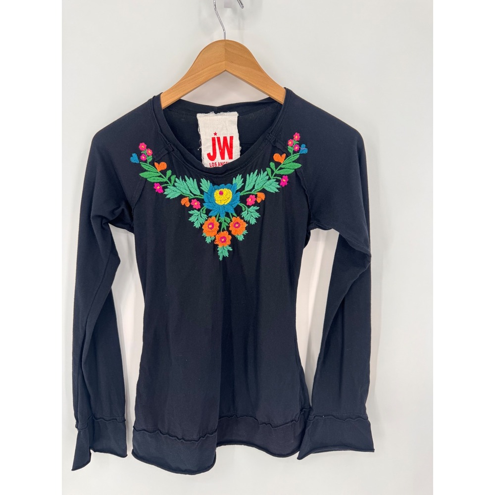 Johnny Was JW Los Angeles Long Sleeve Top Womens XS Black Embroidered Love Boho